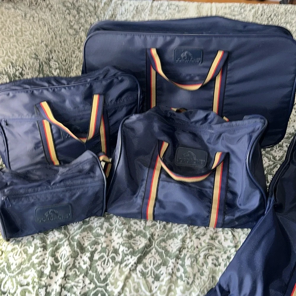 Excellent vintage Jordache blue nylon suitcase collection blue, red & tan handle